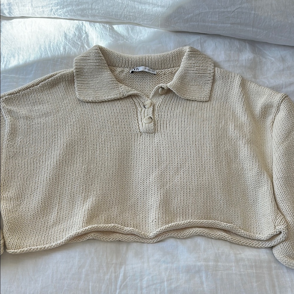 Zara Cream Knit Collared Cropped Sweater - Picture 3 of 8